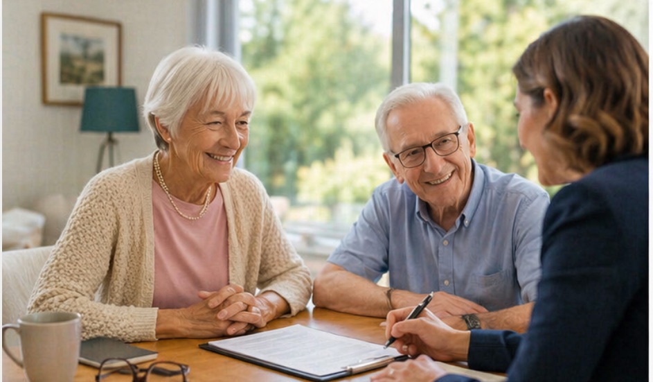 A care manager reviewing a plan with an older couple