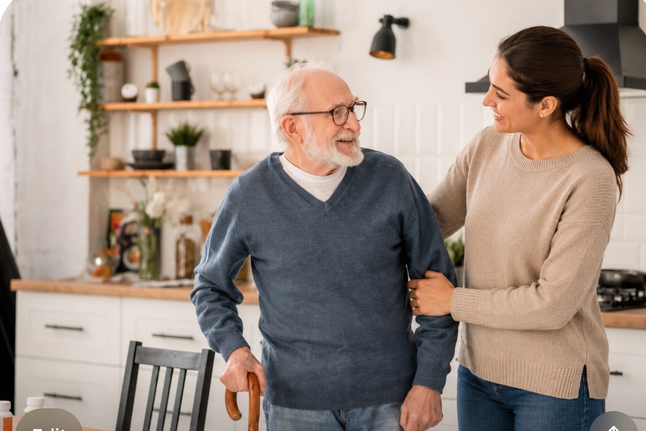 A caregiver helping an older man at home