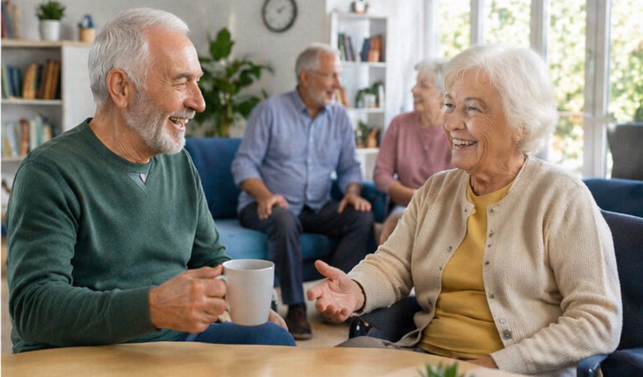 Residents socializing in a senior living community
