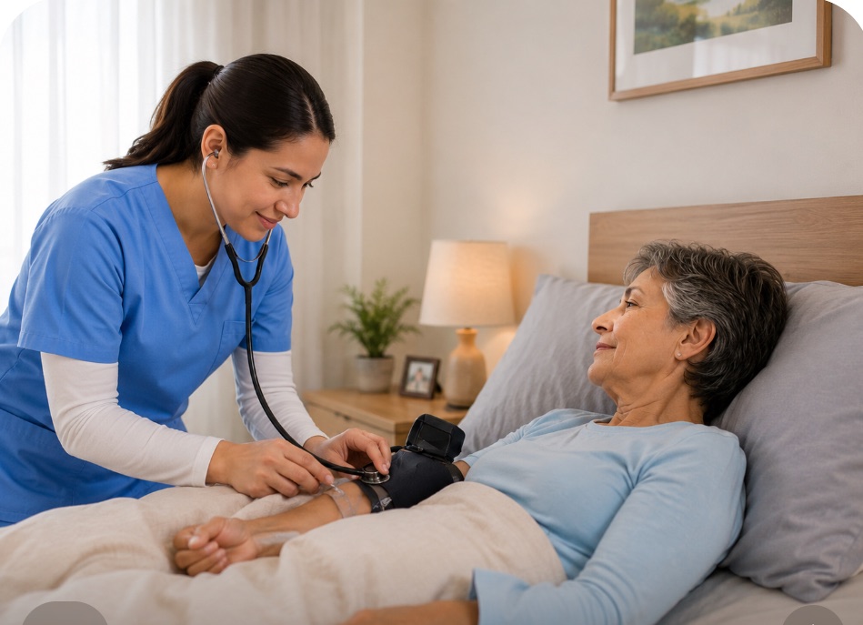 A nurse checking an older patient's blood pressure at home